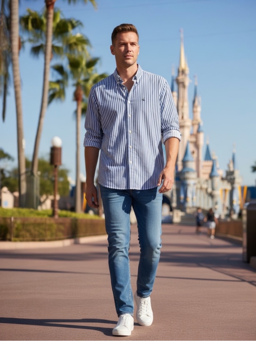 WALT DISNEY WORLD BLUE WHITE BLACK STRIPED 100% COTTON BUTTON DOWN SHIRT SZ XL